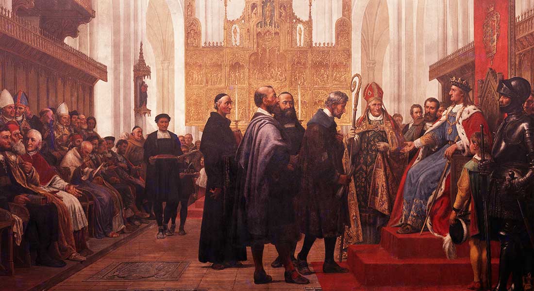King Christian 1 indvier Københavns Universitet den 1. juni 1479 i Vor Frue Kirke. Maleri i festsalen af Wilhelm Marstrand, 1871.
